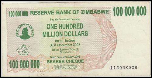 RESERVE BANK OF ZIMBABWE 100 MILLION DOLLARS-AA- VF - BEARER CHEQUE