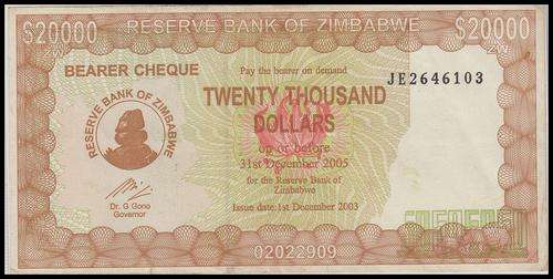 RESERVE BANK OF ZIMBABWE 20 THOUSDAND DOLLARS -JE- VF CONDITION