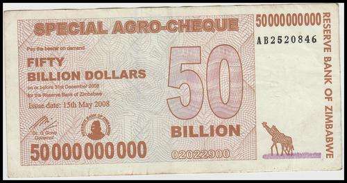 RESERVE BANK OF ZIMBABWE 50 BILLION DOLLARS - SPECIAL AGRO CHEQUE