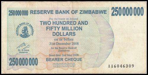 RESERVE BANK.OF ZIMBABWE 250 MILLION DOLLARS FINE - AA PREFIX