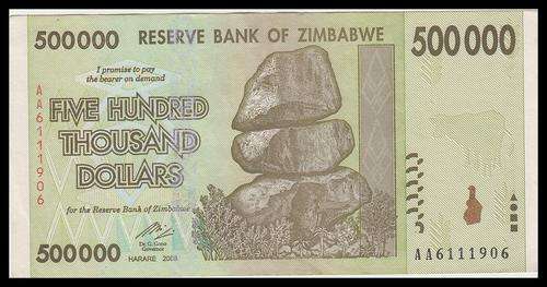 RESERVE BANK OF ZIMBABWE 500 THOUSAND DOLLARS - AA