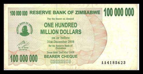 RESERVE BANK OF ZIMBABWE 100 MILLION  DOLLARS  AA  VF