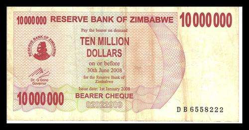 RESERVE BANK OF ZIMBABWE 10 MILLION  DOLLARS  BEARER CHEQUE  VF