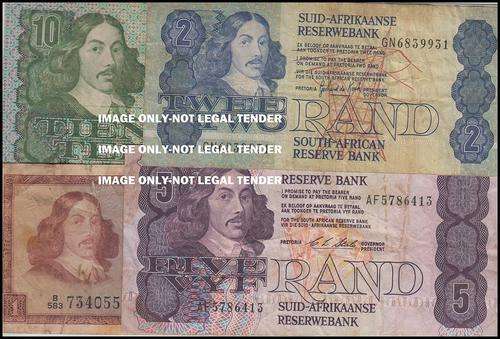 4 X MIX SOUTH AFRICAN BANKNOTES R1 R2 R5 R10  - FINE