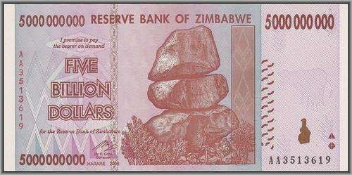 RESERVE BANK OF ZIMBABWE  FIVE BILLION DOLLARS  -  AA  -  XF