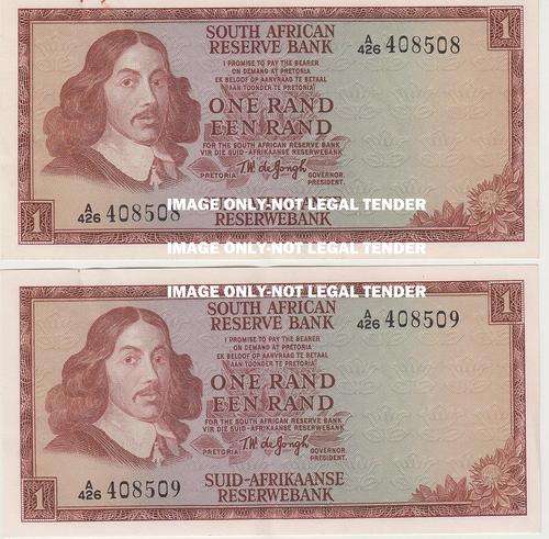 TW DE JONGH 2 X R1 NOTES 1ST ISSUE IN SEQUENCE  ENG/AFR  XF  - 1967