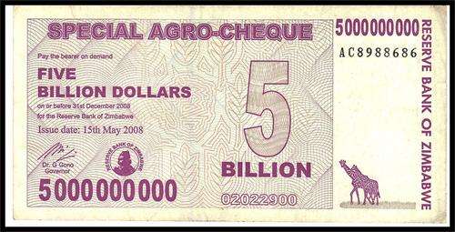 SPECIAL AGRO CHEQUE 5 BILLION DOLLARS RESERVE BANK OF ZIMBABWE  VF