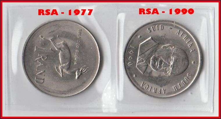 SOUTH AFRICA 1977 FIRST SPRINGBOK R1  AND   1990 THE LAST SPRINGBOK R1 COINS