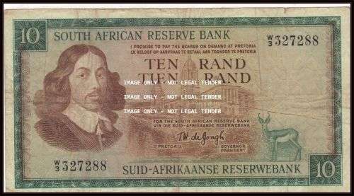 REPLACEMENT - TW DE JONGH OLD R10 NOTE 1ST ISSUE  W/3 ENG / AFR
