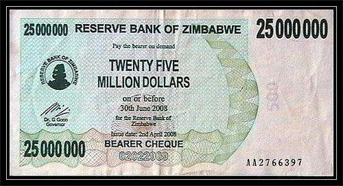 ZIMBABWE 25 MILLION DOLLAR BEARER CHEQUE 2ND APRIL 2008--VF