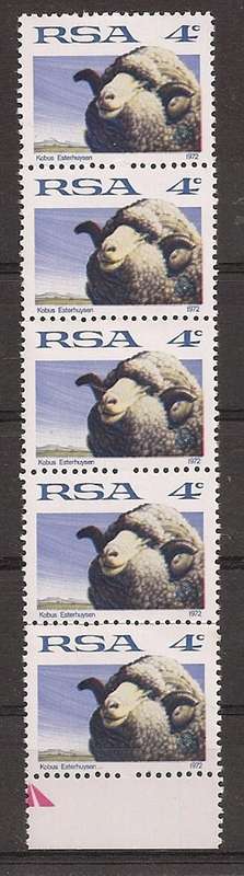South Africa 1974 Definitive 4c strip of 5 with missing perf every 2nd stamp