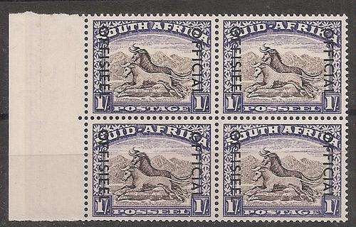 South Africa Officials 1950/54 1s dark brown and ultramarine block of 4