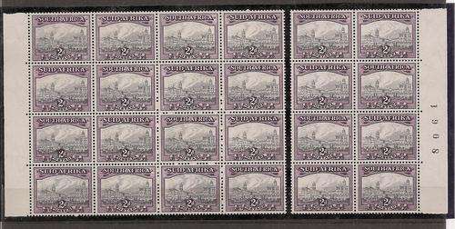 South Africa 1933/45 Hyphenated 2d grey and dull purple 2 blocks of 16 and 8