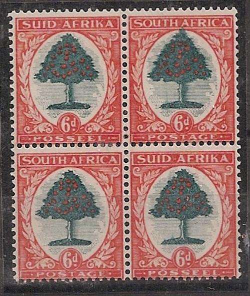 South Africa 1933/48 Roto Hyphenated 6d block of 4 with 'extended top to tree' variety