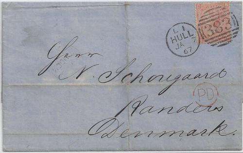 Great Britain 1867 QV 4d dull vermillion on entire to Denmark, fine