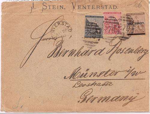 Cape of Good Hope 1891 3 colour franking proving cover from Ventersstad to Germany