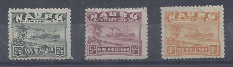 Nauru 1922 top 3 values on grey paper, very fine mint