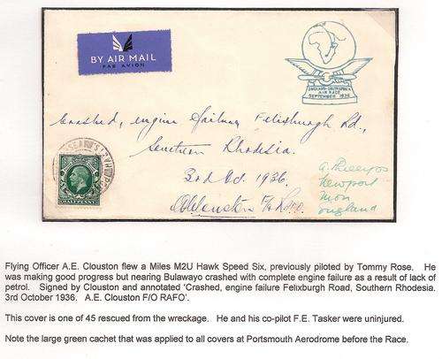 Southern Rhodesia  1936 Schlessinger Air Race flight cover of A E Clouston