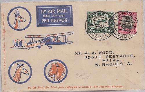 South Africa 1932 1st flight cover Cape Town to Mpika, Northern Rhodesia