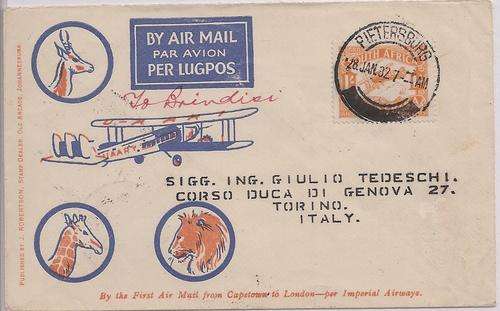 South Africa 1932 1st flight cover Pietersburg to Torino, Italy