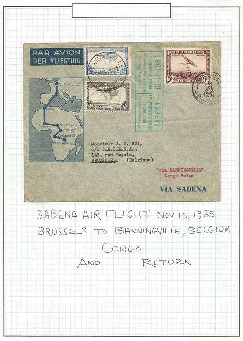 Belgian Congo 1935 SABENA 1st flight cover from Brussels to Banningville and return