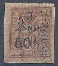 Zanzibar - French post Offices 1897 5A50c on 3A on 30c on piece with certificate