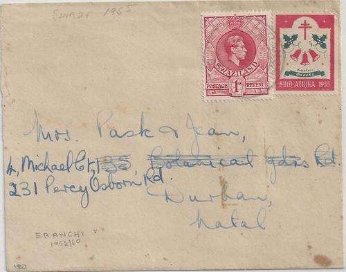 Swaziland 1955 Xmas label attatched to KGVI cover, scarce