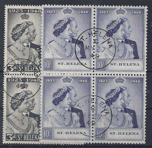 St Helena 1948 KGV Silver Wedding set of 2 in blocks of 4 fine used