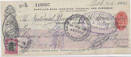 Swaziland 1931 Cheque with SA 1d Swaziland Revenue attatched