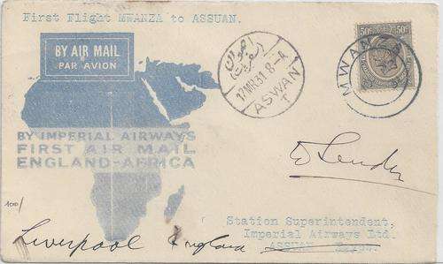 Tanganyika 1931 Imperial Airways 1st flight cover from Mwanza to Aswan Egypt then forwarded to UK