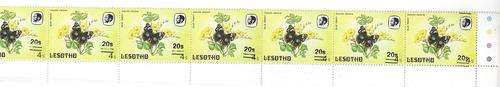 Lesotho 1986 Butterflies 20s on 4s strip of 7 with major overprint shift gradually upwards