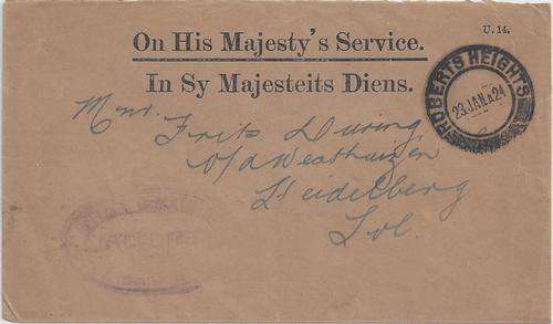 South Africa 1924 OHMS cover from Roberts Heights with violet oval `Defense Department..`