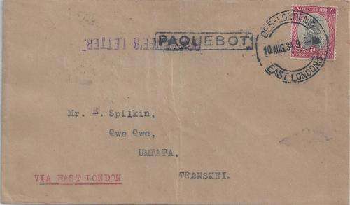South Africa 1934 1d Ship on East London paquebot cover with Consignees Letter cachet