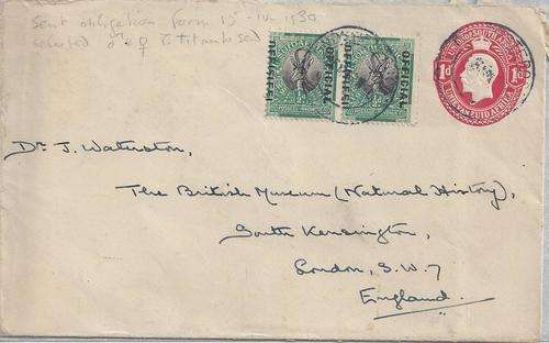 South Africa 1930 KGV 1d embossed with official half d pair with overprint shift