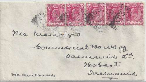 Cape of Good Hope 1904 KEVII 1d strip of 5 on cover from Wellington for 5d rate to Tasmania