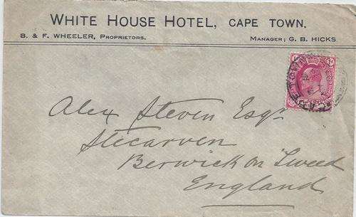 Cape of Good Hope 1905 illustarted envelope of White House Hotel Cape Town used to UK