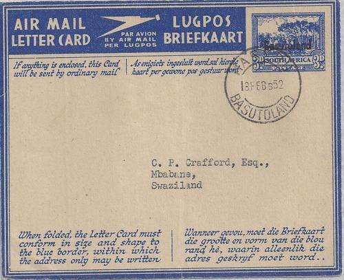Basutoland 1952 3d Airletter to Swaziland, fine