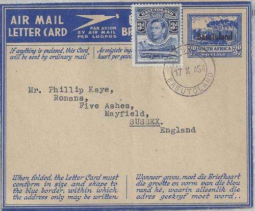 Basutoland 1954 3d Airletter uprated with KGVI 3d to England, fine