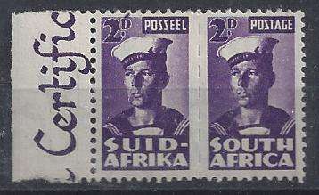 South Africa 1943 Small War 2d marginal pair with `apostrophe D` flaw very fine mint