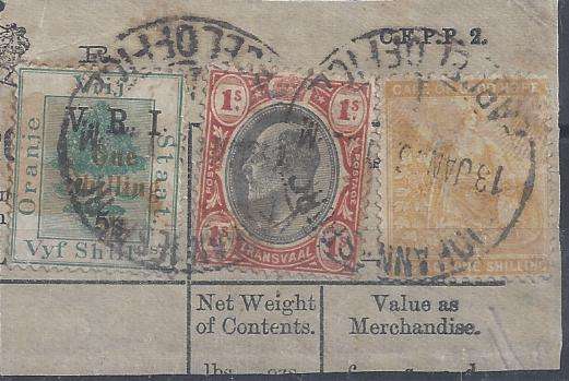 South Africa  1913 Interprovincial OFS VRI 5s Cape 1s and Transvaal 1s  on parcel piece very fine