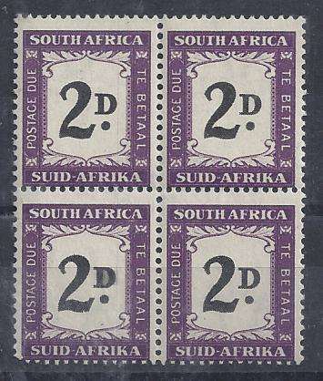 South Africa Postage Due 1950 2d block of 4 with variety doctor blade smudge in D