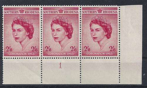 Southern Rhodesia 1953 QEII Coronation control strip of 3 unmounted mint