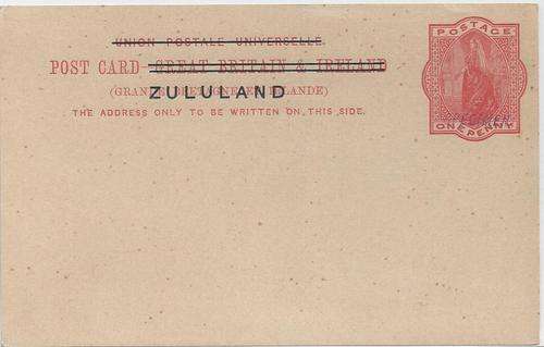 Zululand GB 1d card overprinted Zululand and SPECIMEN handstamp in violet