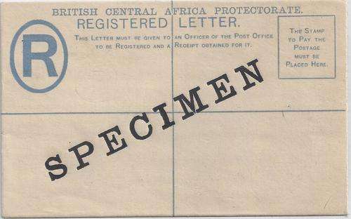 Nyasaland 1880 BCA Arms 4d registered envelope overprinted SPECIMEN, very fine and scarce