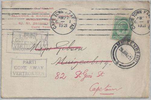 South Africa 1921 Cape Town readressed cover with boxed official cachets cover,  fine
