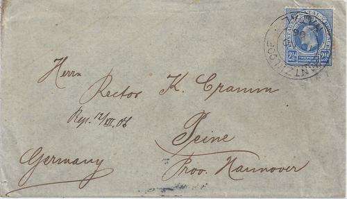 Natal 1906 KEVII 2 half d on cover with Krantkloof cds to Germany, fine