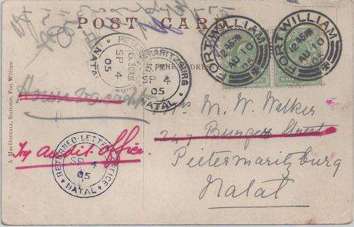 Natal 1905 GB card to Pietermaritzburg with RLO Natal cancel in violet, fine