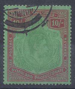 Nyasaland 1938 KGVO 10s very fine used