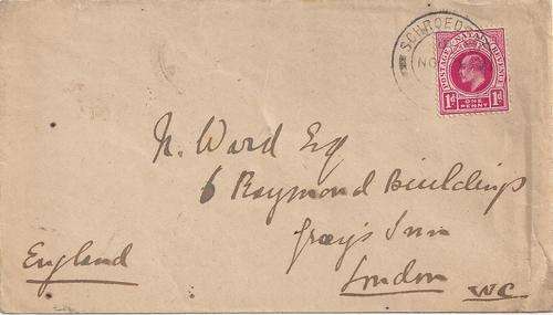 Natal 1907 KEVII 1d tied to cover with Schroeder cancellation to London fine used