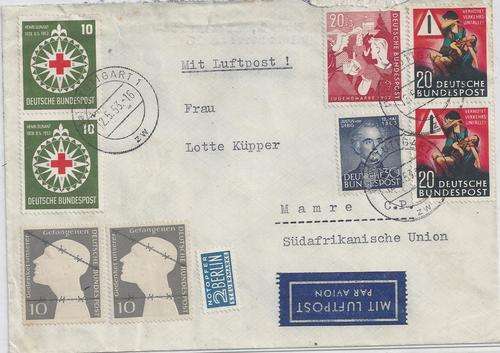 Germany West 1953 multiple franking cover with better values from Stuttgart to Mamre SA